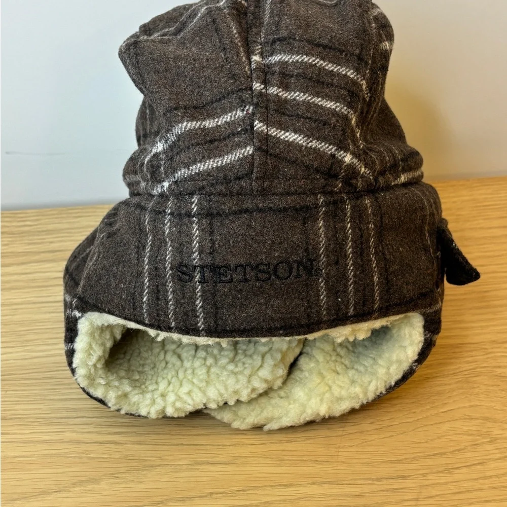 Stetson Plaid Brown and Cream Faux Sherpa Trapper‎ Hat Large